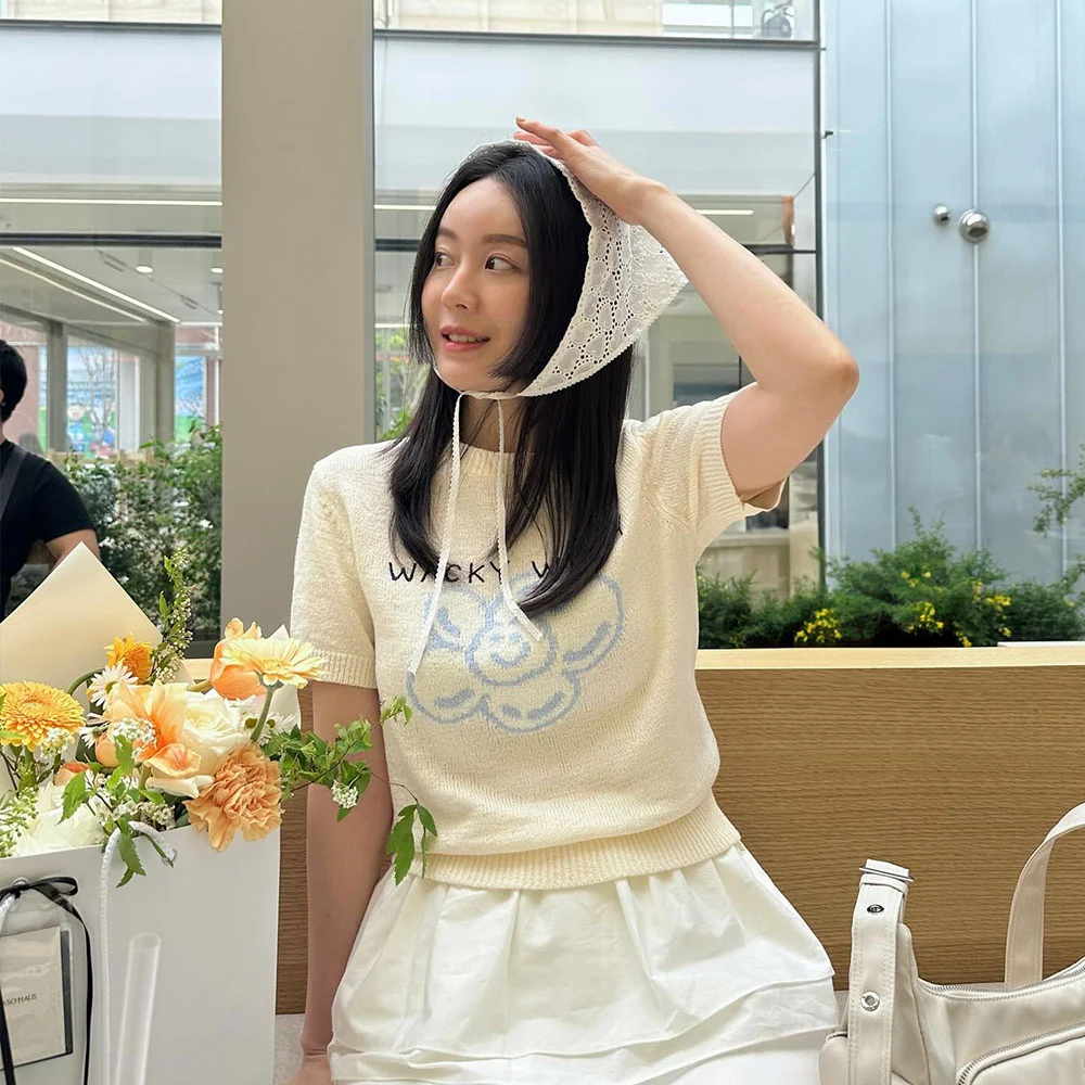 女裝 百合 圖案 短袖 針織衫 奶油