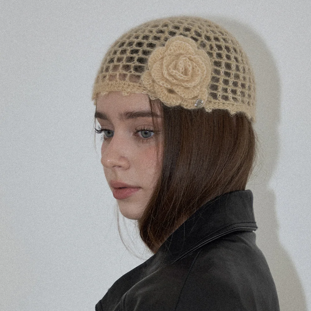 Camellia Handmade Crochet Mohair Knit Punching Short Beanie _ Beige