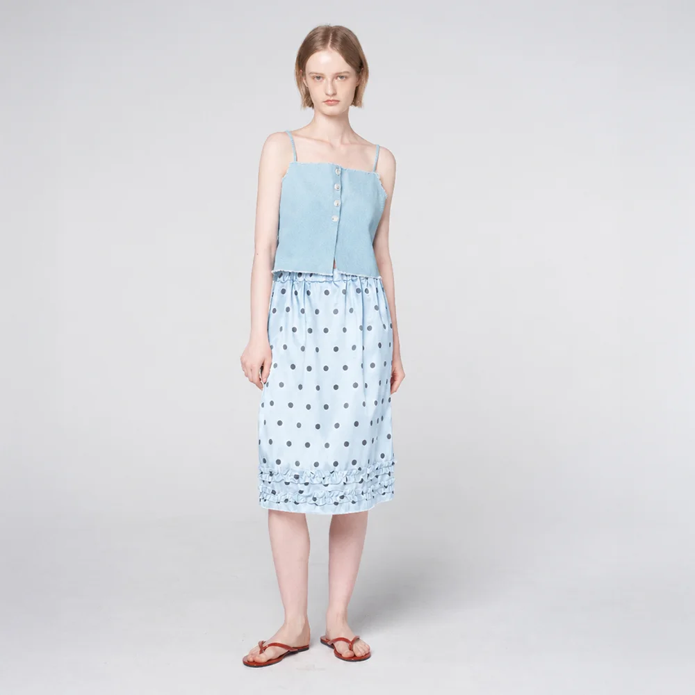 Polka Dot Satin Ruffle Elastic Waist Skirt Skyblue