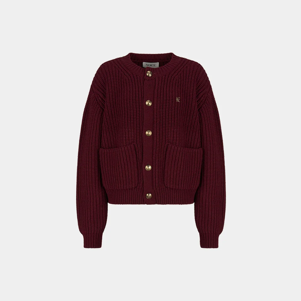 (W) HEAVY-GAUGE WOOL-BLEND CARDIGAN - WINE
