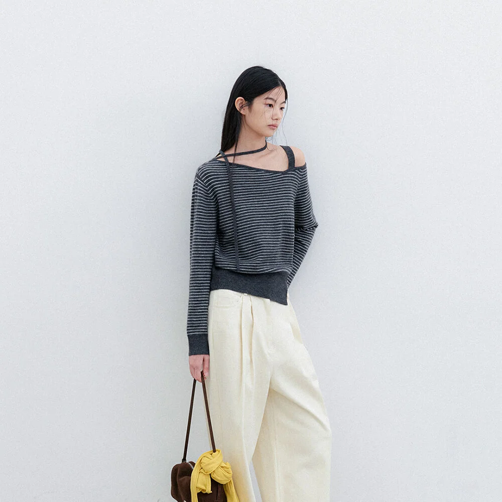 (T-7311)WOOL STRIPE ONE OFF SHOULDER STRAP KNIT