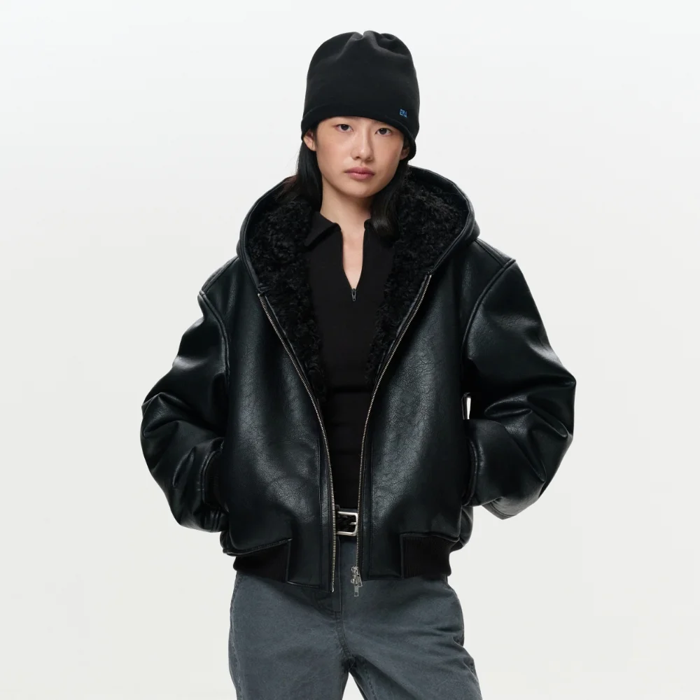 UNISEX ERA FAUX SHEARLING HOODED JACKET - BLACK
