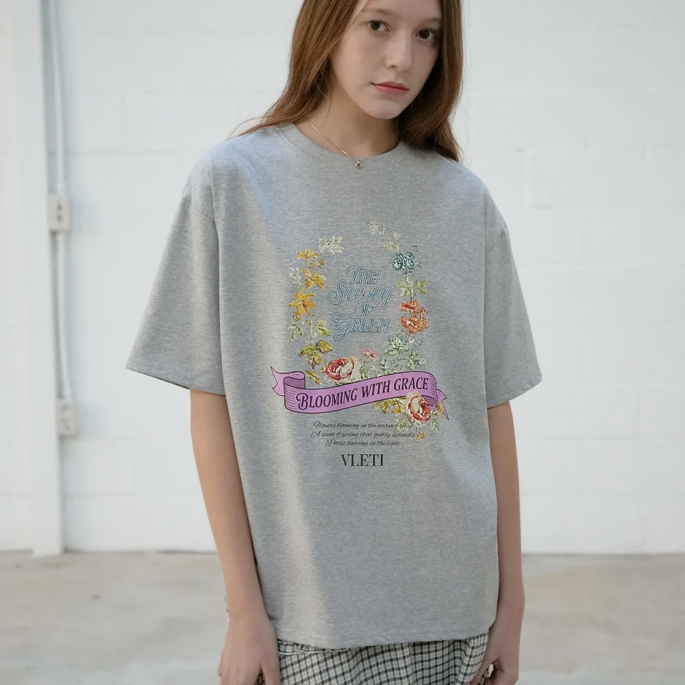 Oversized Floral Digital Print Short Sleeve Tee (gray)