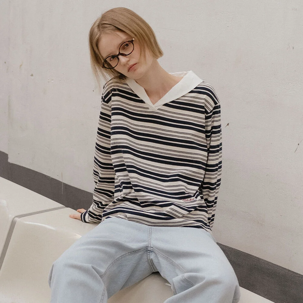 Shawl collar stripe t-shirt _Navy