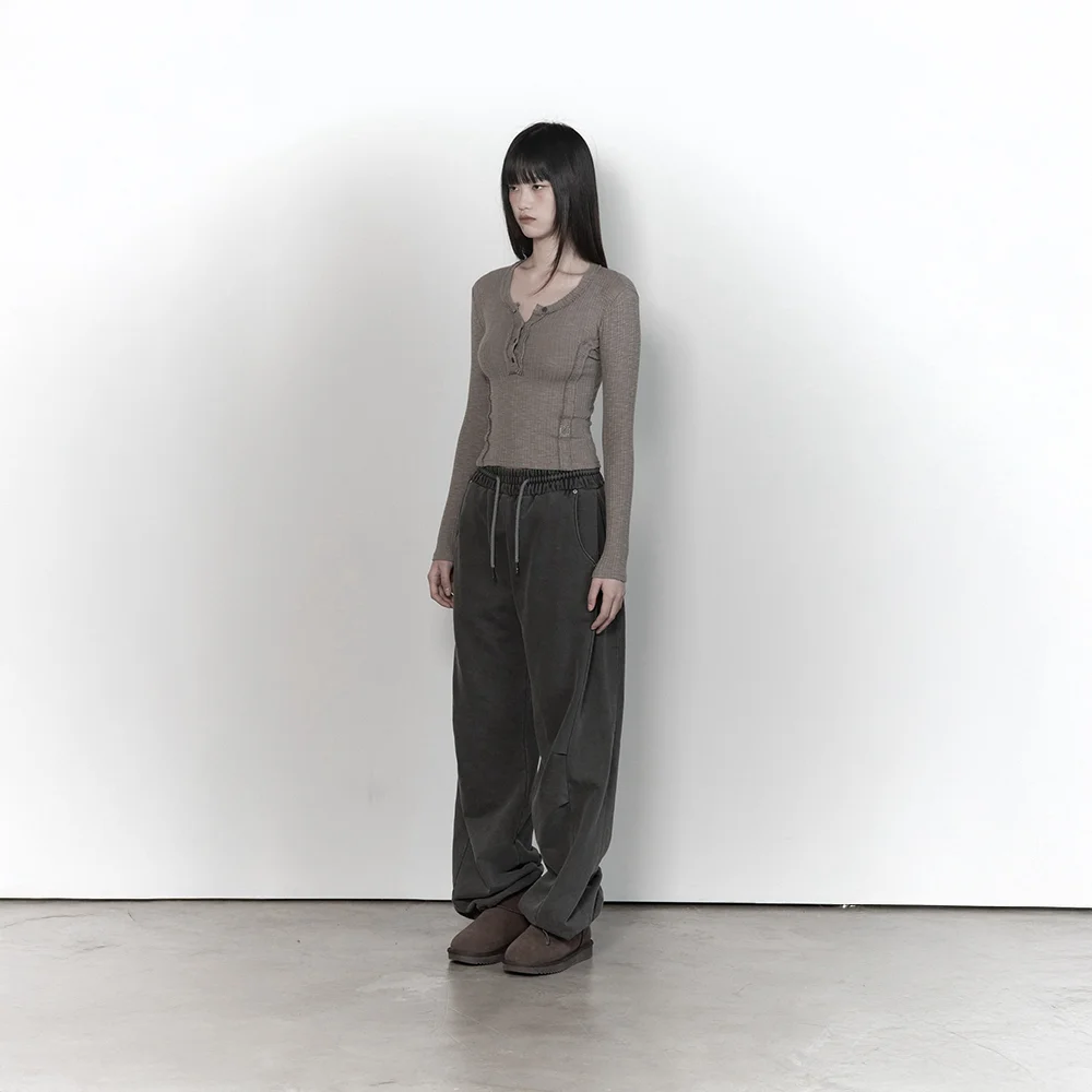 Soft Heavy Washing Line Wide Pants (Charcoal)