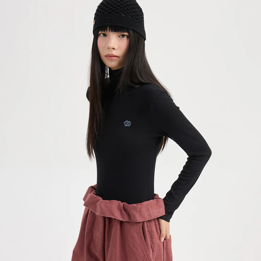 Ribbed Turtle Neck Long Sleeve T-shirt (black) LFTAW25295BKX