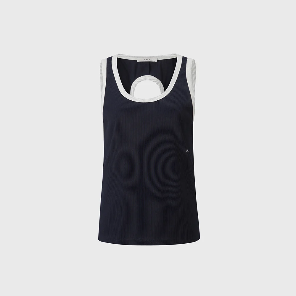 COLORATIN BACK HOLE RIBBED TOP_NAVY