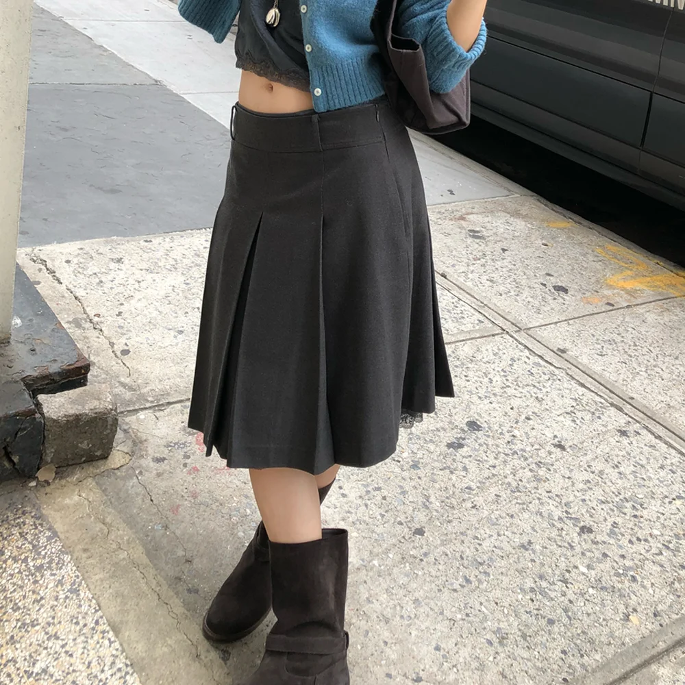FLANNEL BOX PLEATED SKIRT (CHARCOAL)