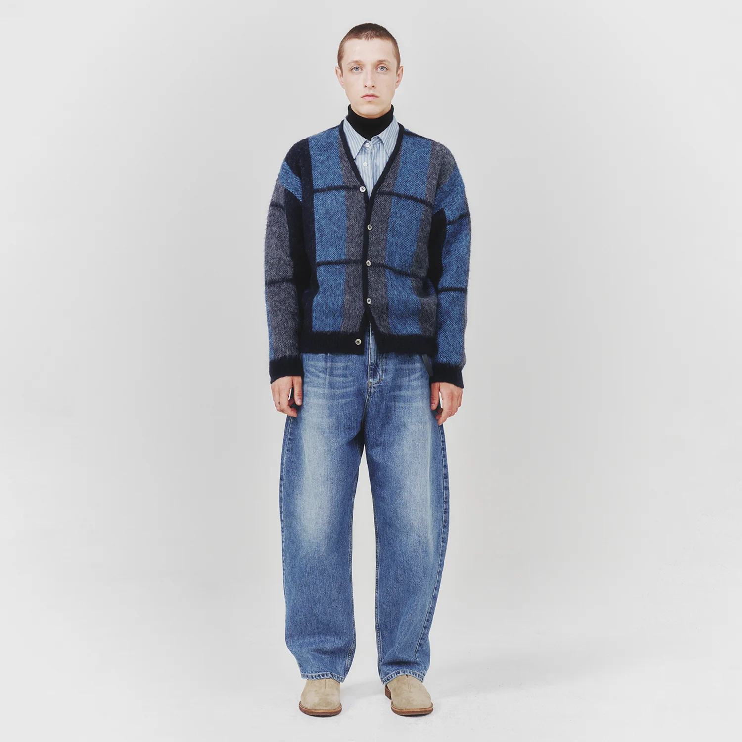 Mohair Ombre Check Cardigan_ Dark Navy