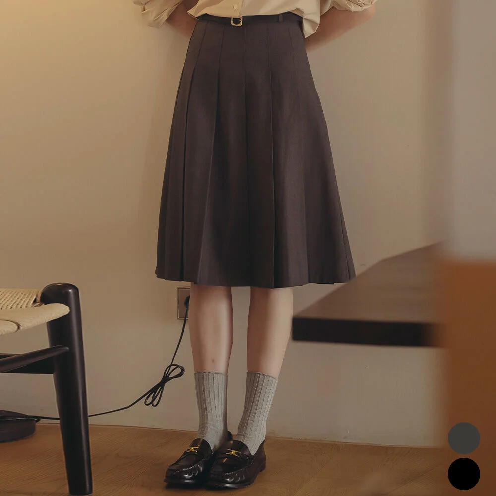 Belt set pleats midi skirt_2color