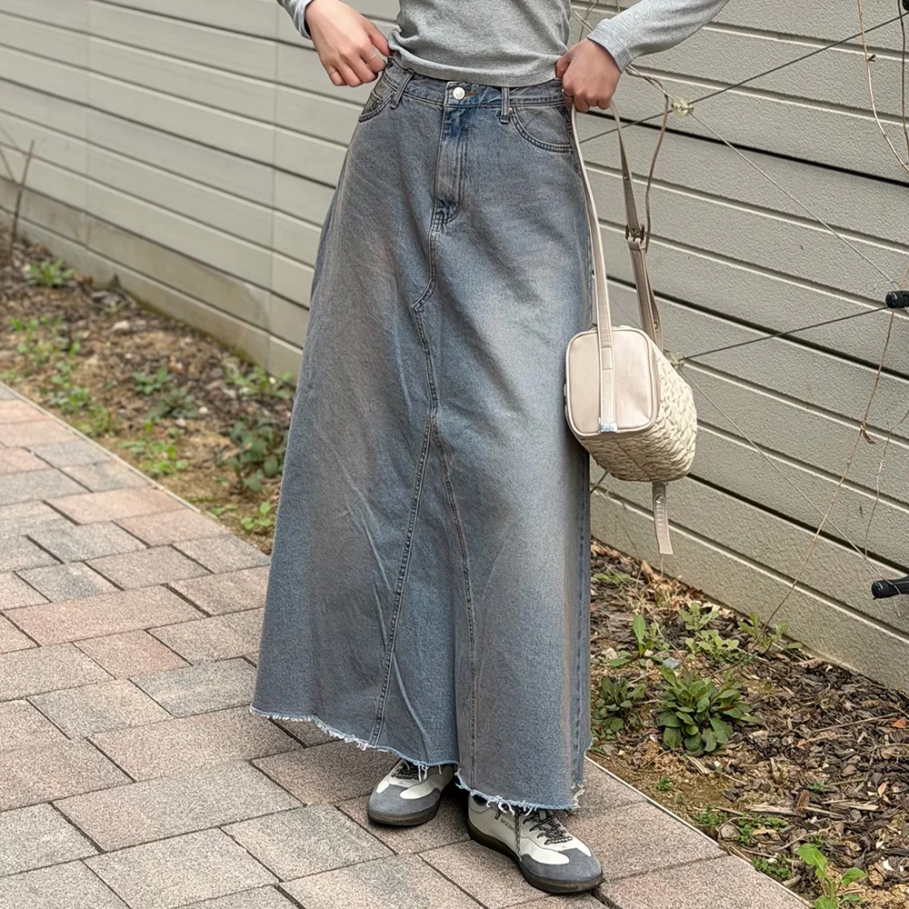 Maxi 牛仔 毛邊 A線條 長 半身裙 (中藍牛仔)