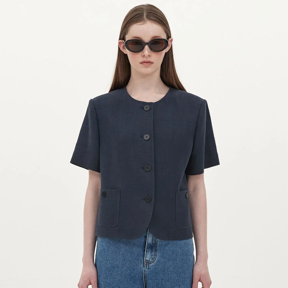 no collar half sleeve jacket_navy