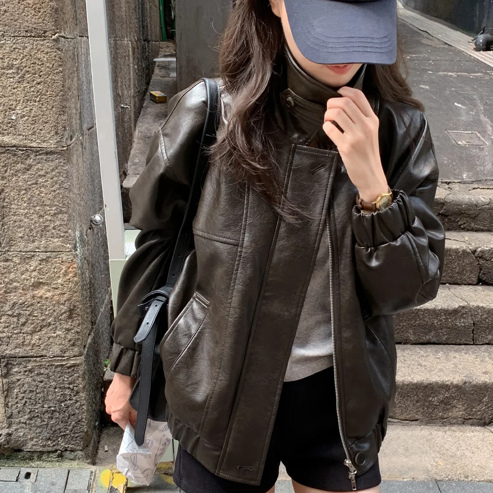 Faux High-Neck Leather Jacket_BROWN