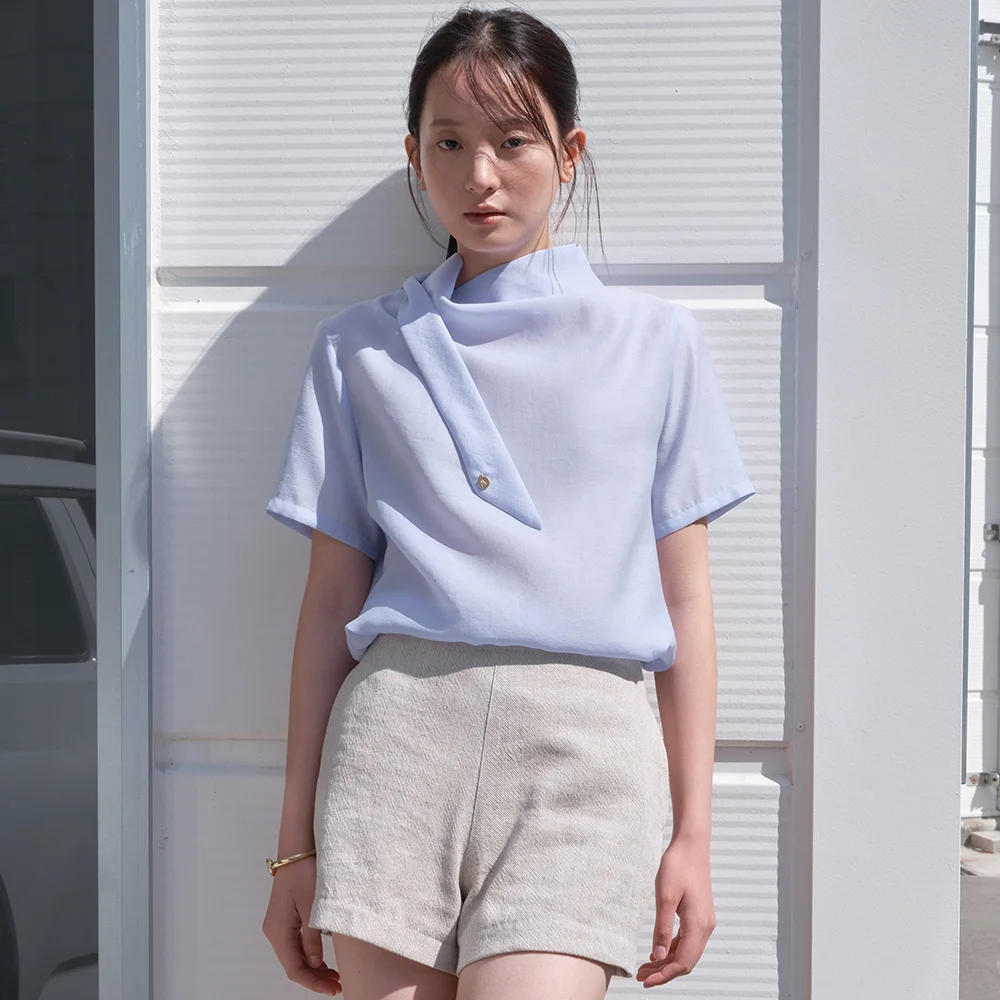Draped tie half blouse_sky blue
