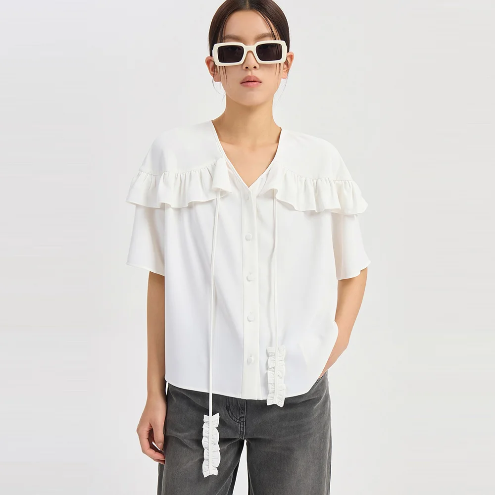 Ruffle Point Poly Short Sleeve Blouse (ivory) LFSAM26420IVX