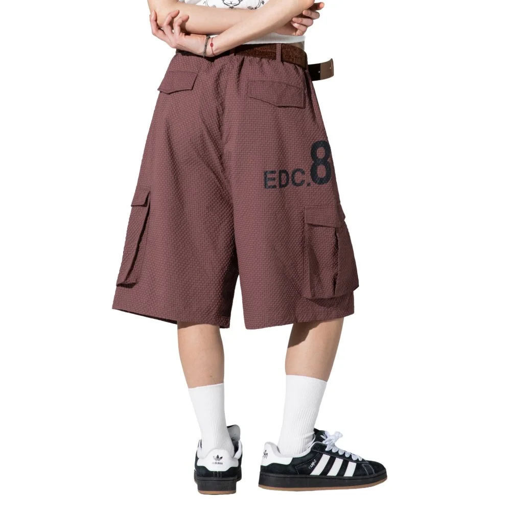 XP333 格紋 皺褶 工裝 百慕達 褲子 (BURGUNDY)