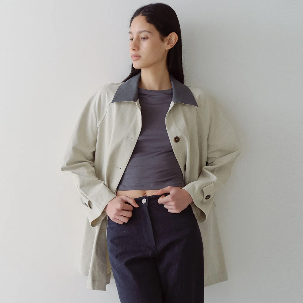 CONTRAST COLLAR WORK COAT - IVORY