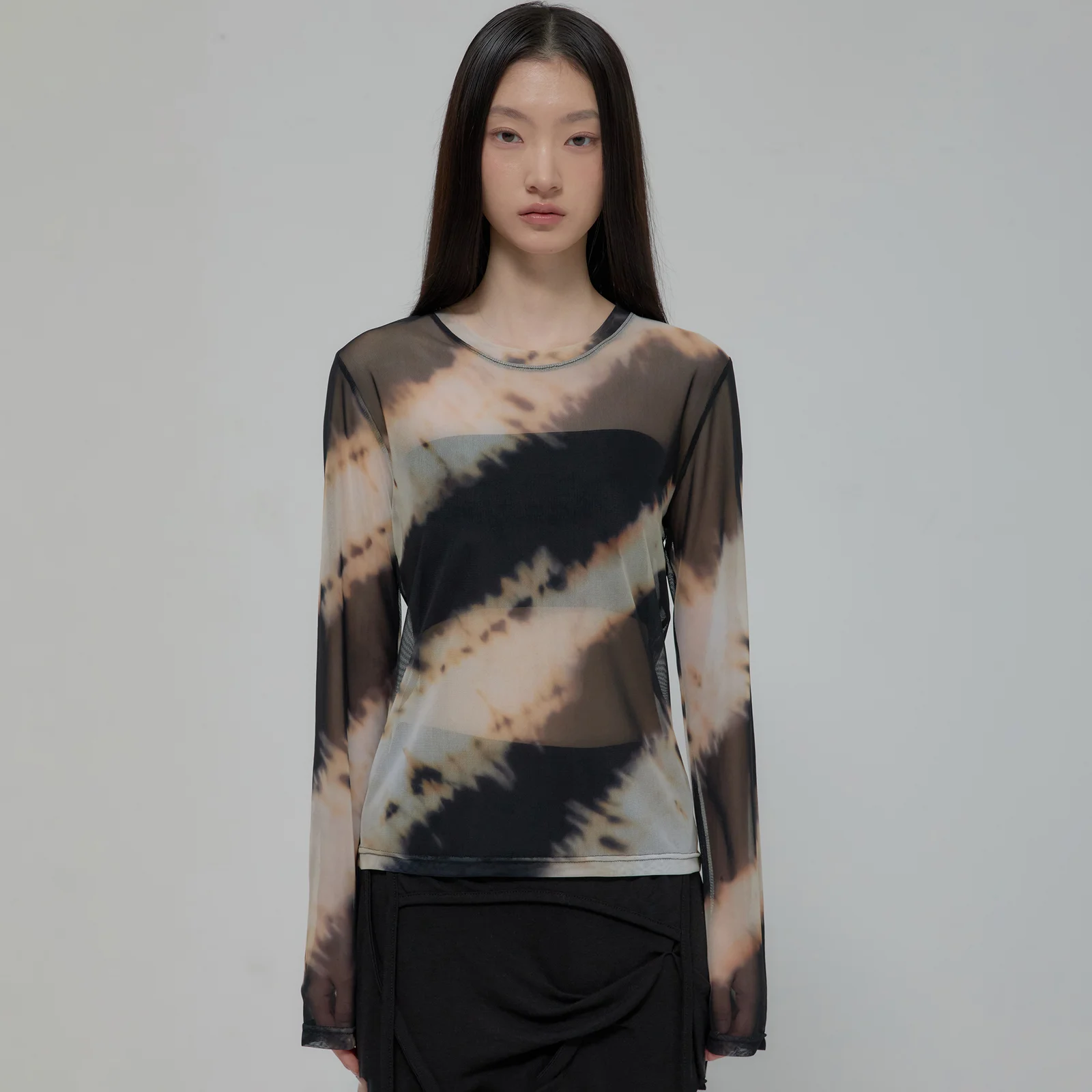 Sheer Mesh Long Sleeve (FL-142_Black&Sand Beige)