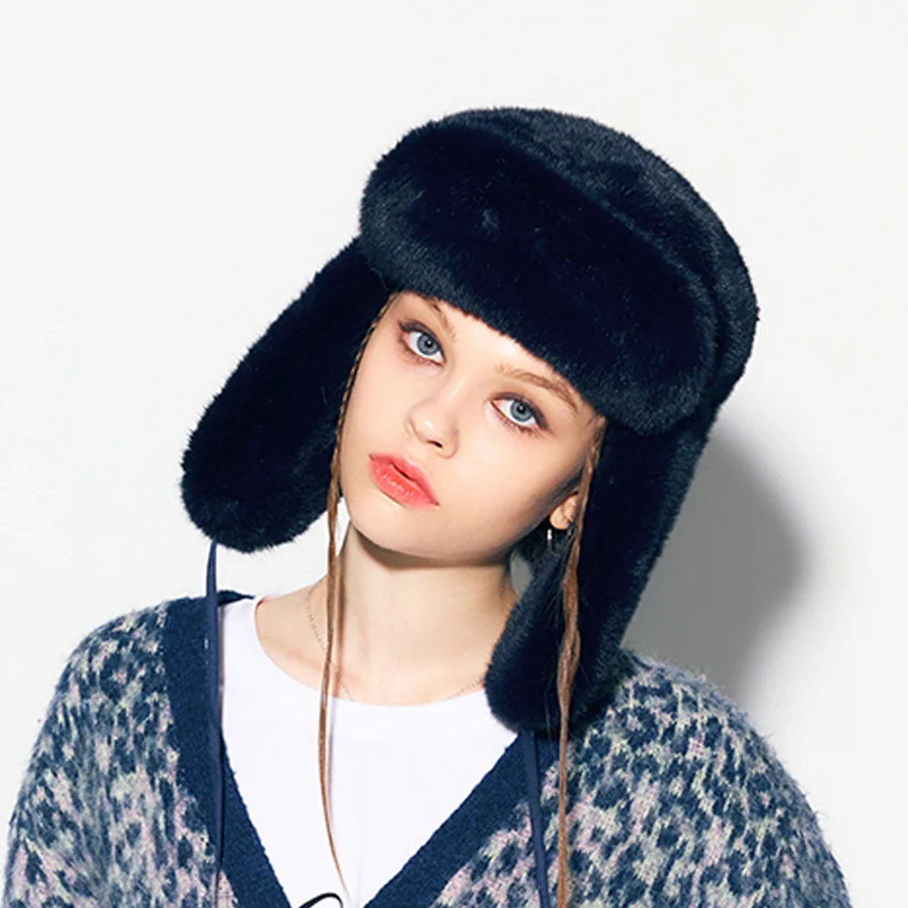 VEGAN FUR TRAPPER HAT NAVY