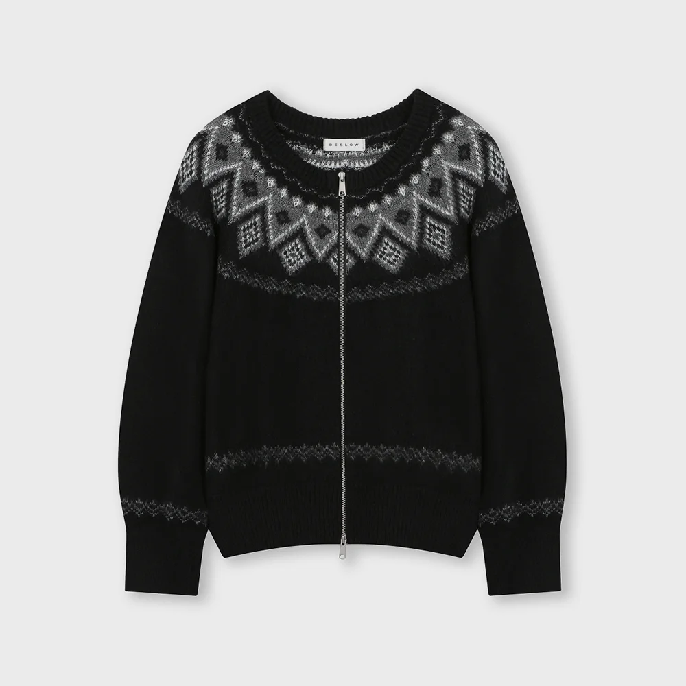 NORDIC KNIT CREW NECK ZIP-UP CARDIGAN BLACK