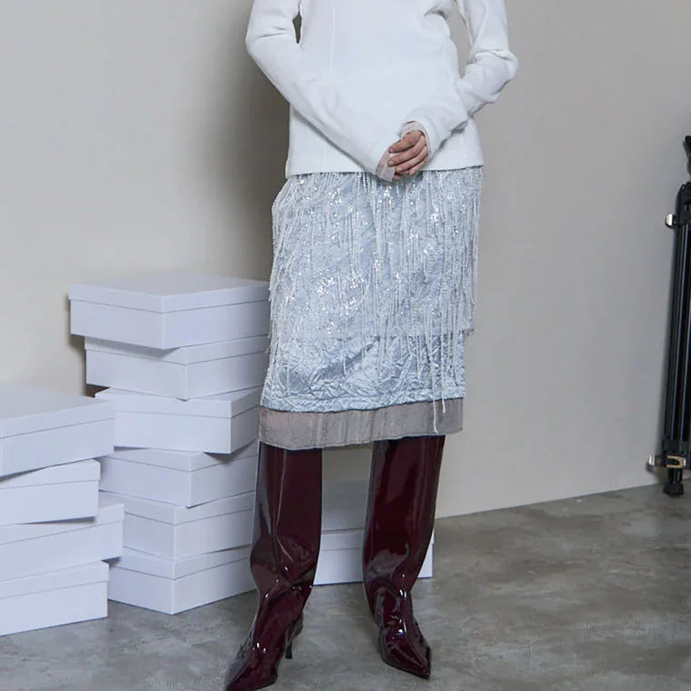 SATIN COMBINATION BIJOU SKIRT (WHT)