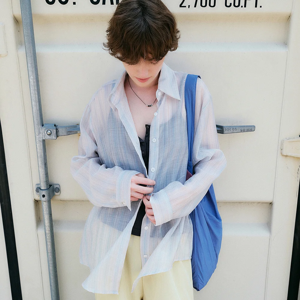 Sheer stripe oversize shirt_Sky blue