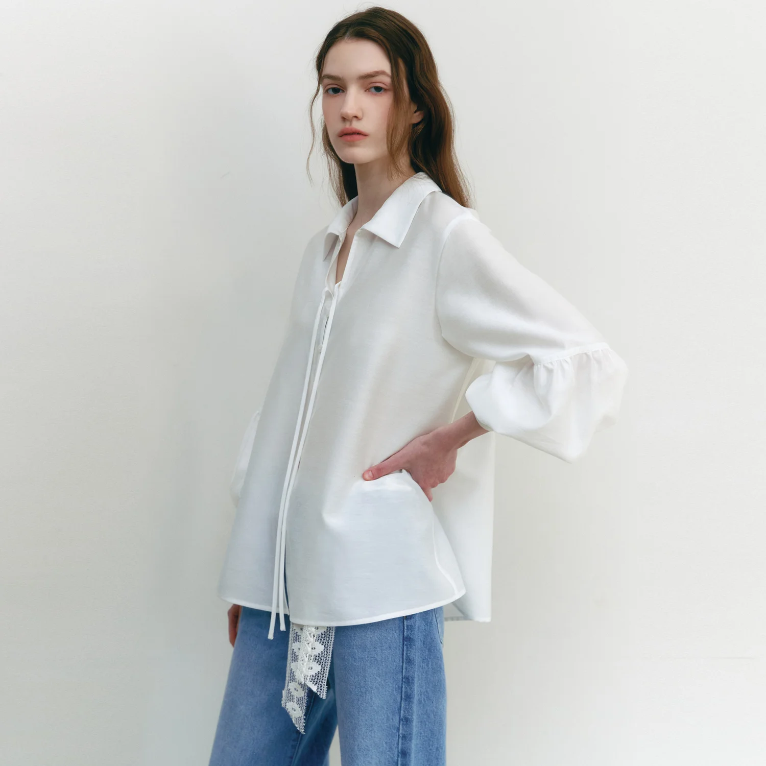 Strap-deco Balloon Sleeve Flare Blouse OFF WHITE