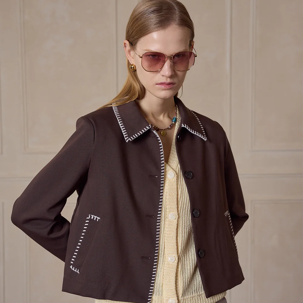 Buttonhole stitch collar jacket Brown