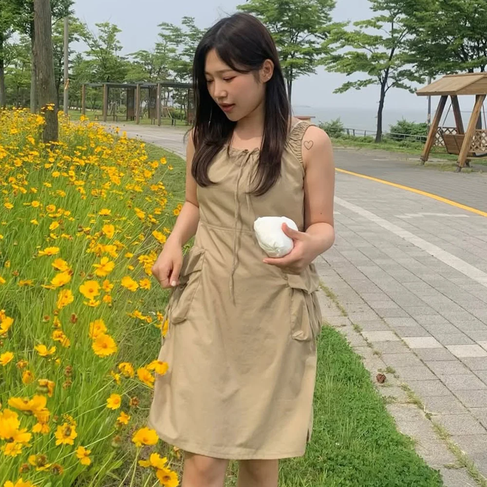 女裝 抽褶 工裝 無袖 連衣裙 Beige