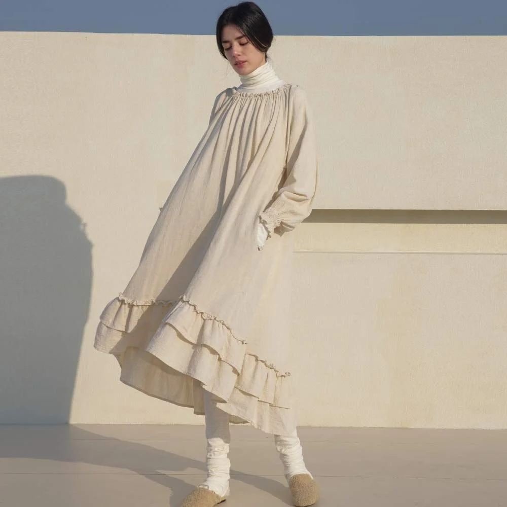 Ruffle Linen Long Unbalanced Dress