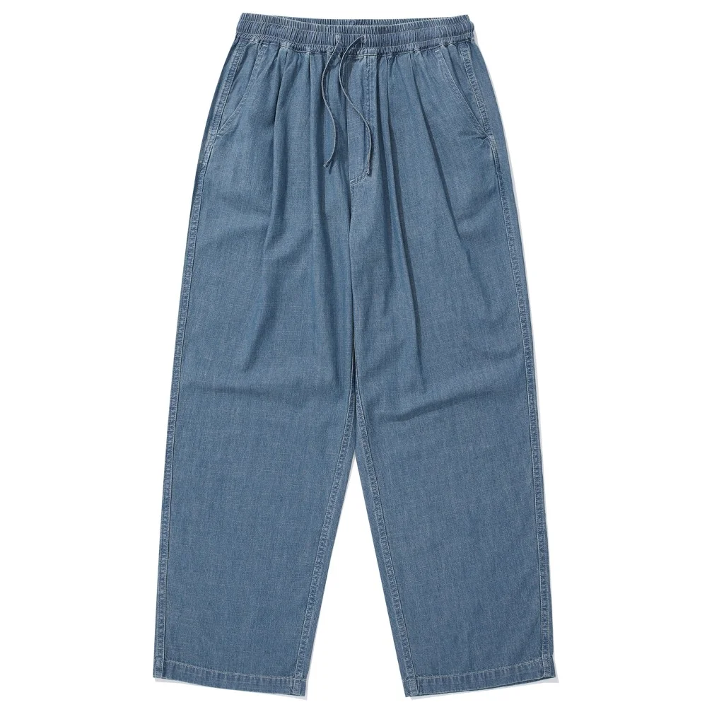 SL-LABEL LOOSE-FIT DENIM PINTUCK PANTS 淺色牛仔