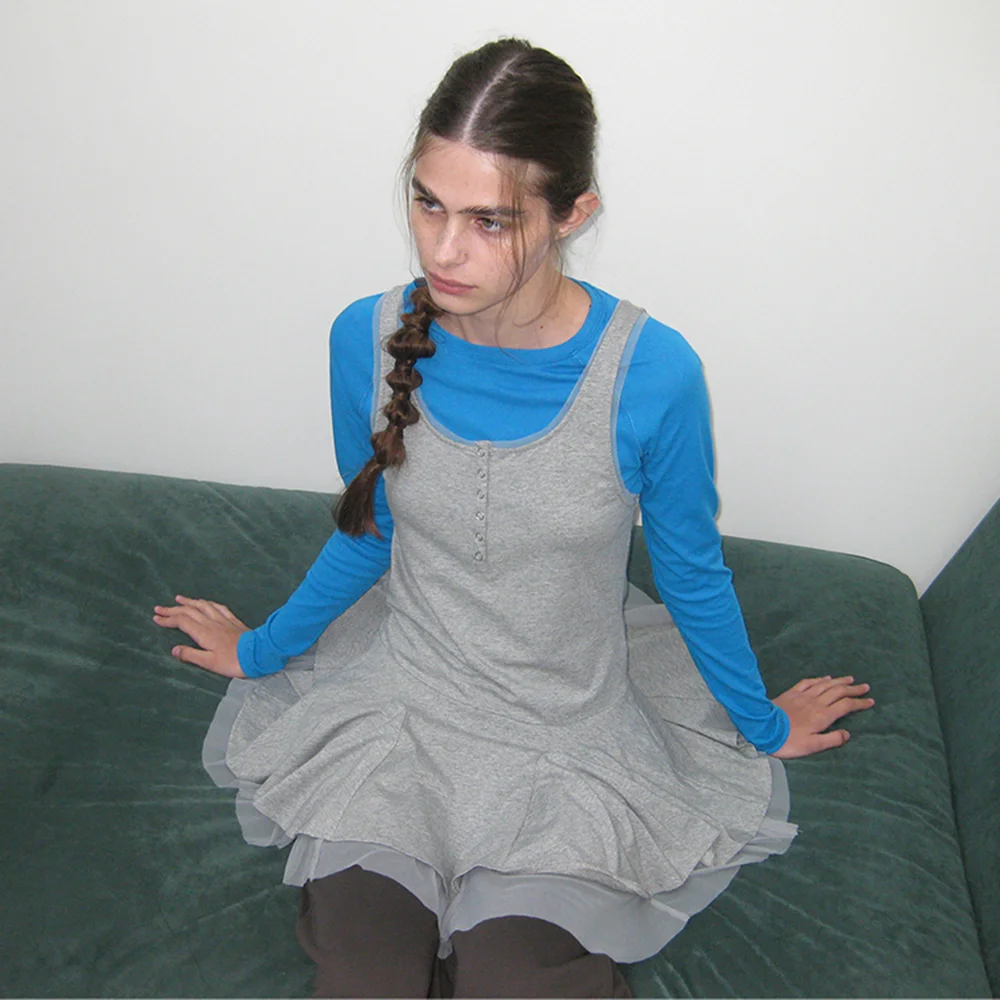 CONTRAST BUTTON-UP LAYERED DRESS TOP_MELANGE