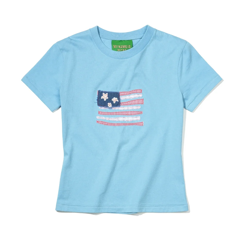 (W) USA FLAG APPLIQUE T-SHIRT - SKY BLUE
