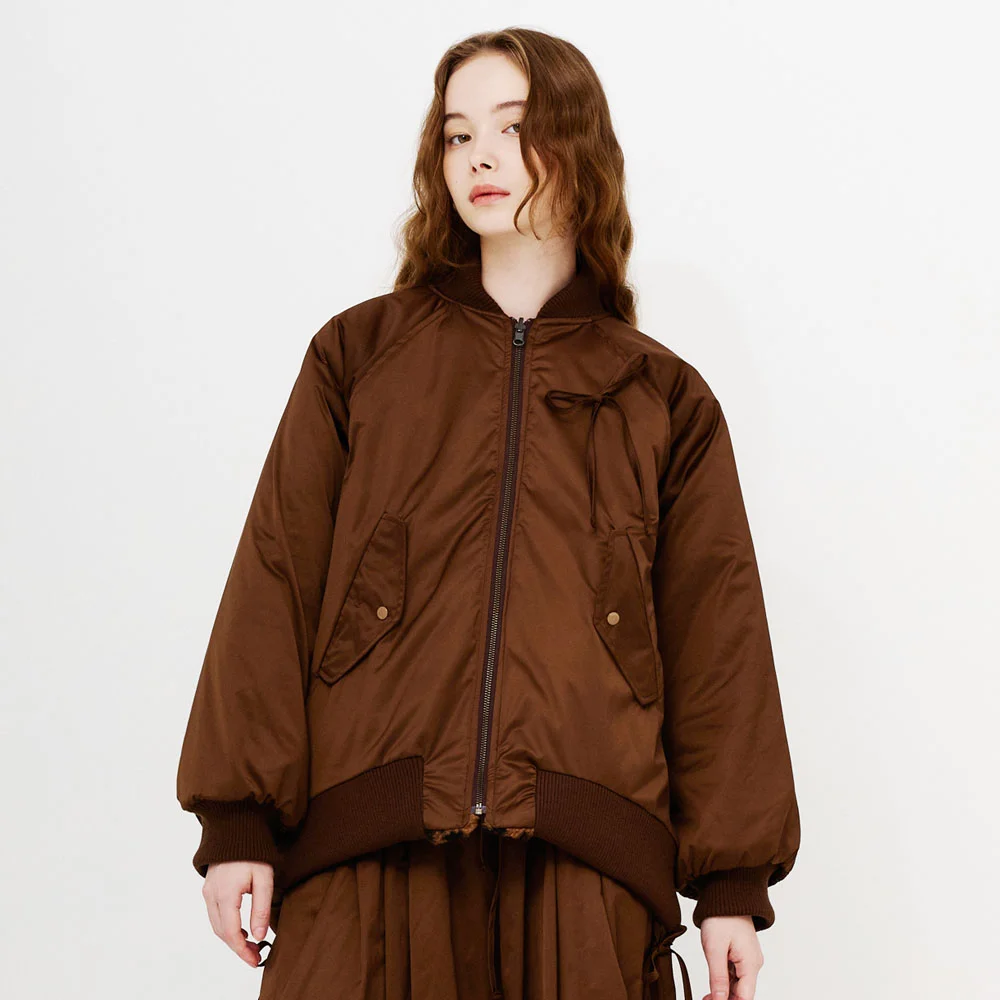 SATIN-LEOPARD ARTIFICIAL FUR REVERSIBLE MA-1 JACKET(BROWN)