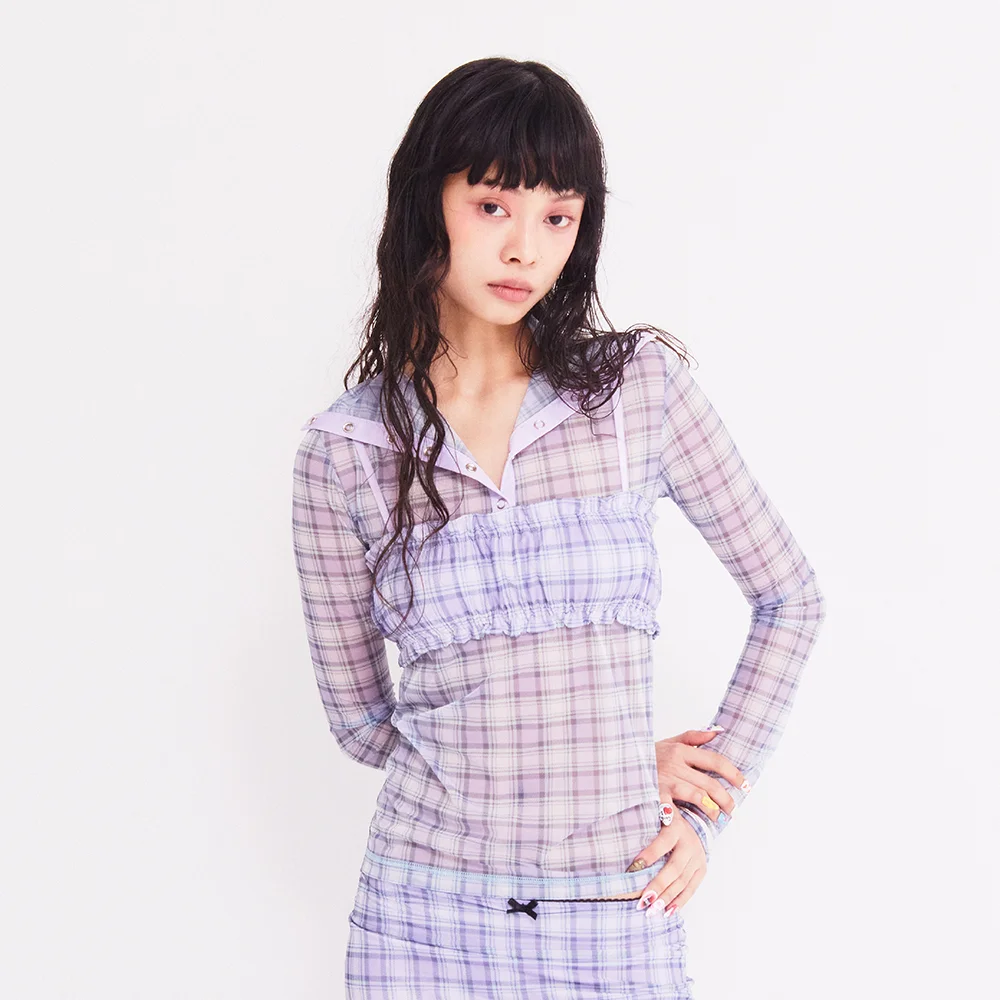 VINTAGE CHECKERED SNAP LONG T-SHIRT PURPLE