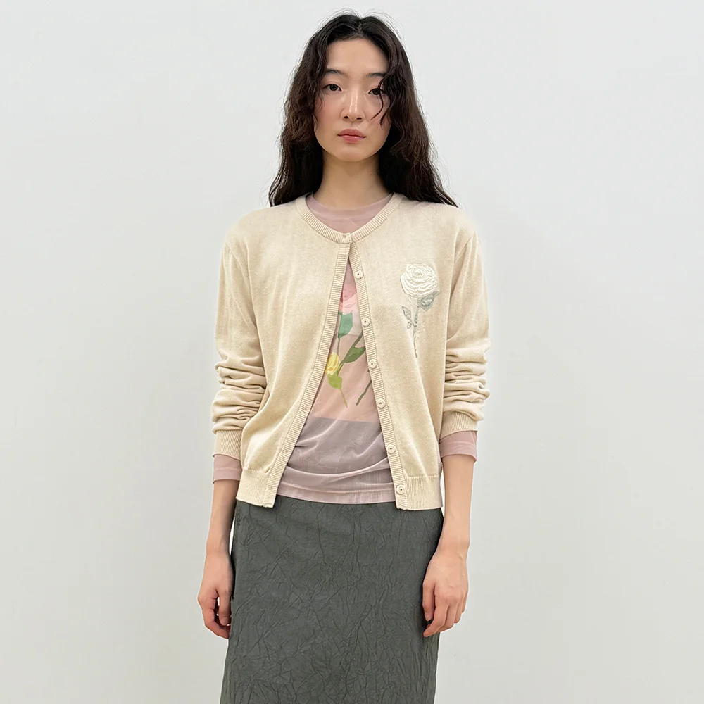 Embroidered Rose Cardigan (Light Beige)