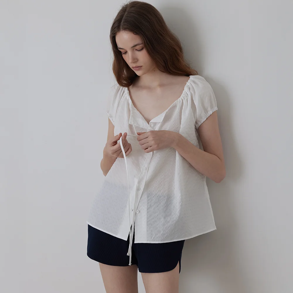 String Shirring Check Puff Blouse_Ivory_2colors