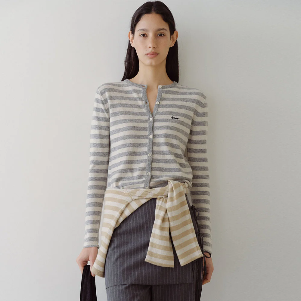 MERINO WOOL BLEND STRIPED CARDIGAN - GREY
