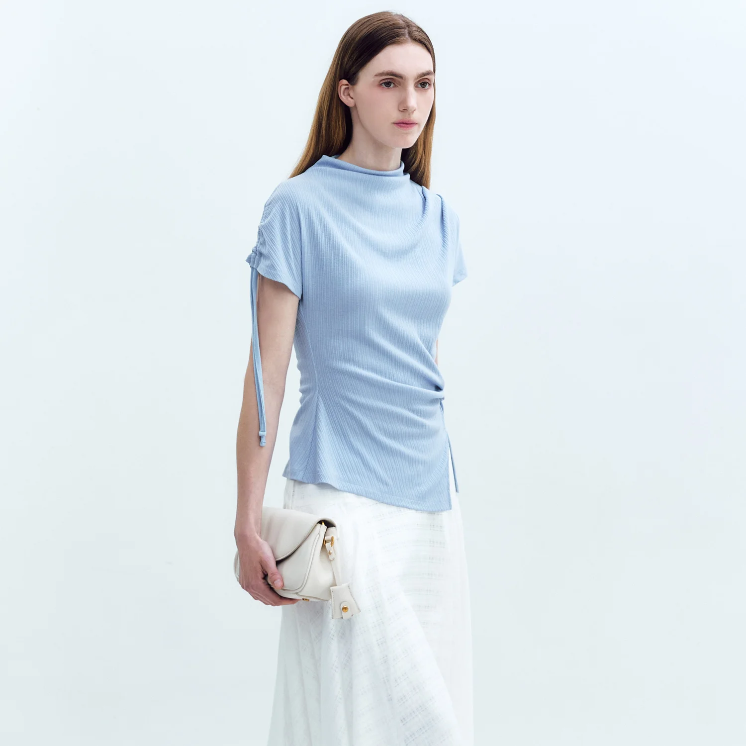 Twisted Waist Tuck Mock-neck Jersey Top BLUE