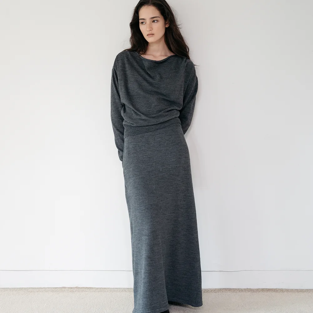 Draped Jersey Knit Skirt_Charcoal
