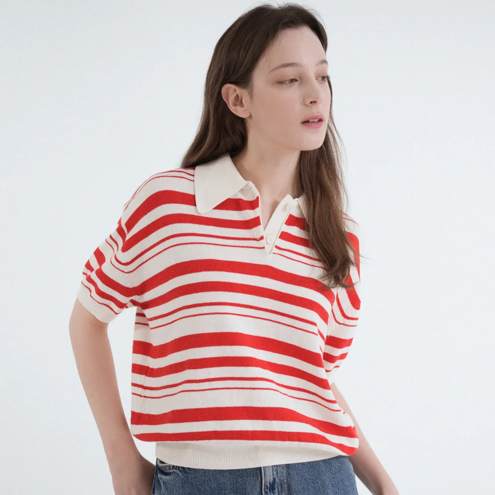 Cotton Stripe Collar Half Knit (red)