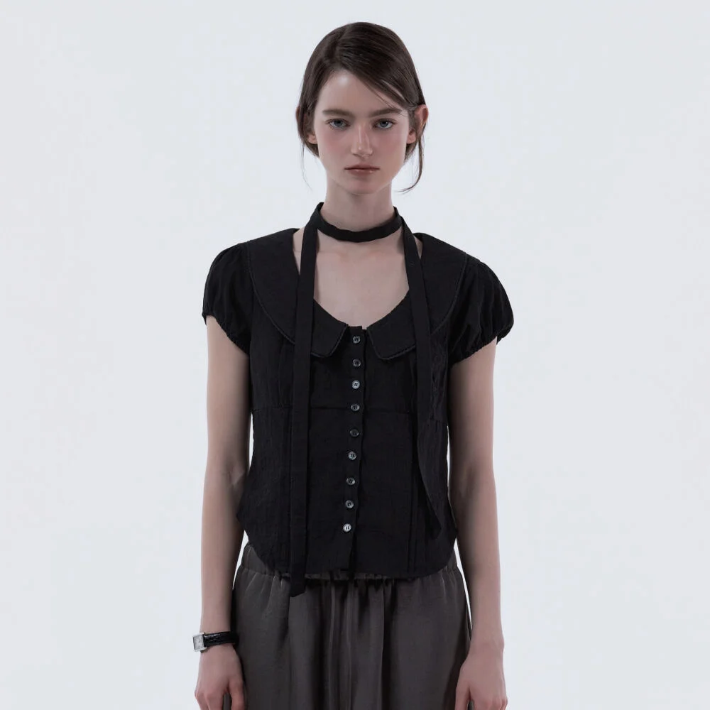 Rosie Lace Trimmed Tie Blouse - Black