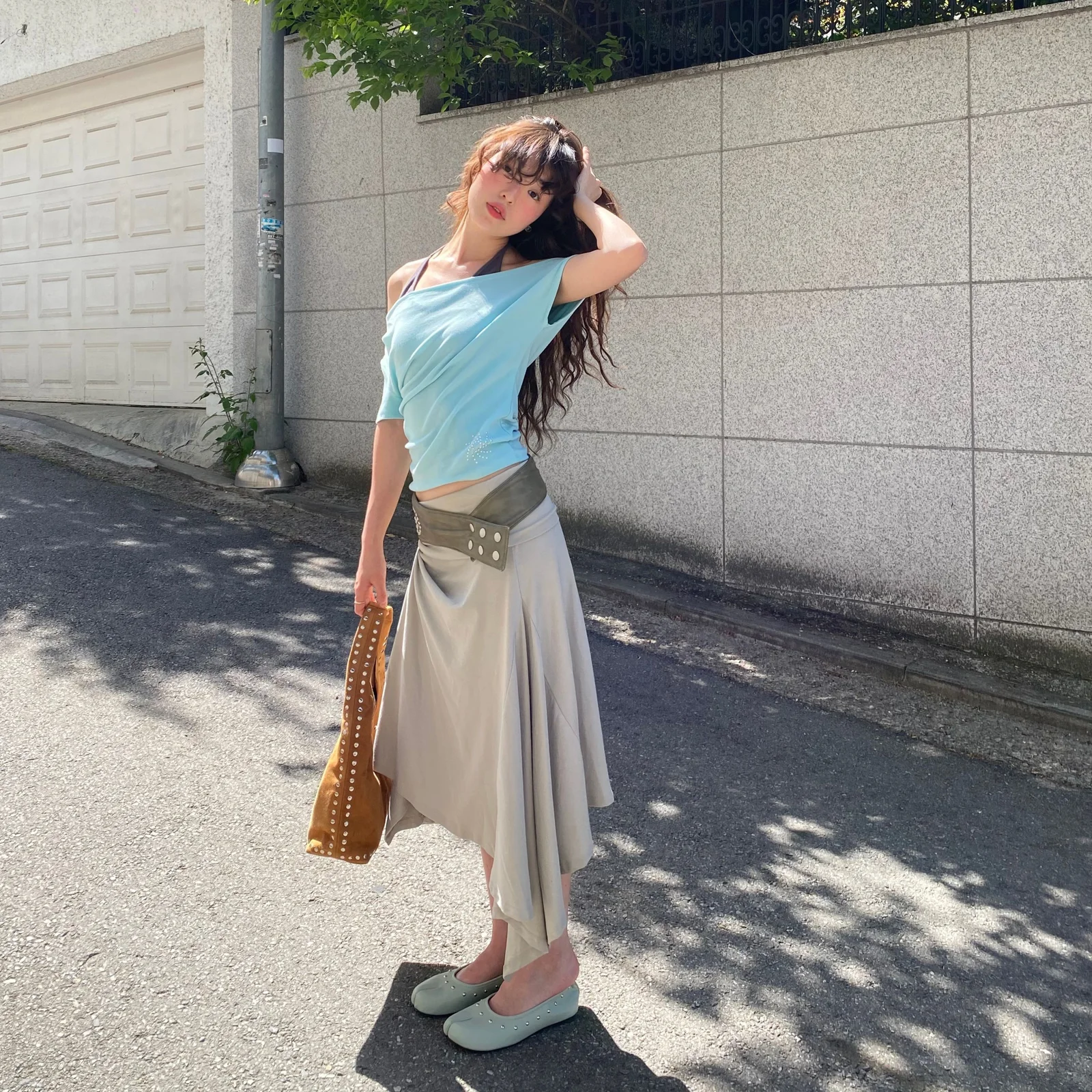 DRAPE FLARE SKIRT (KHAKI)
