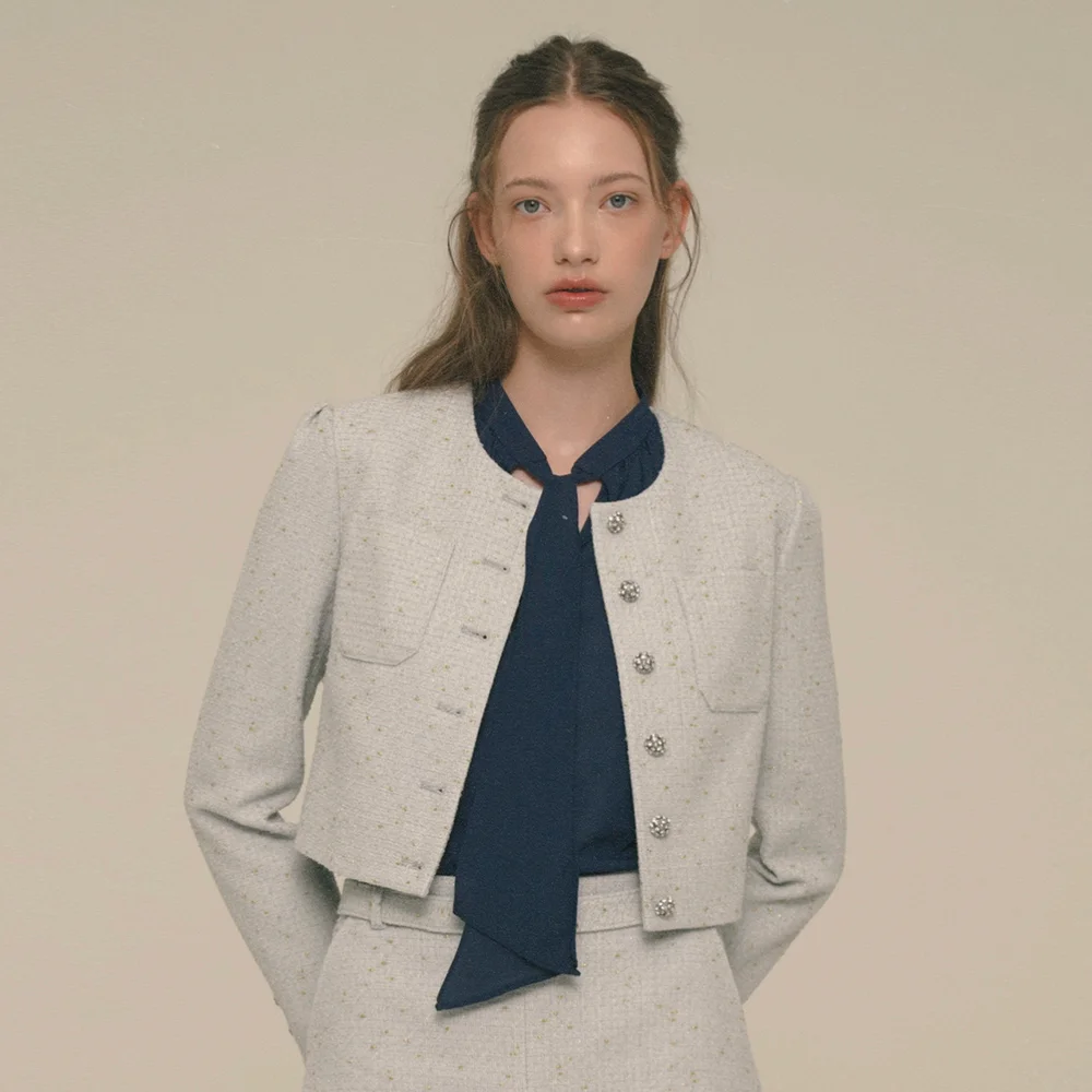 Crystal-Buttons Cropped Tweed Jacket_Quiet Gray