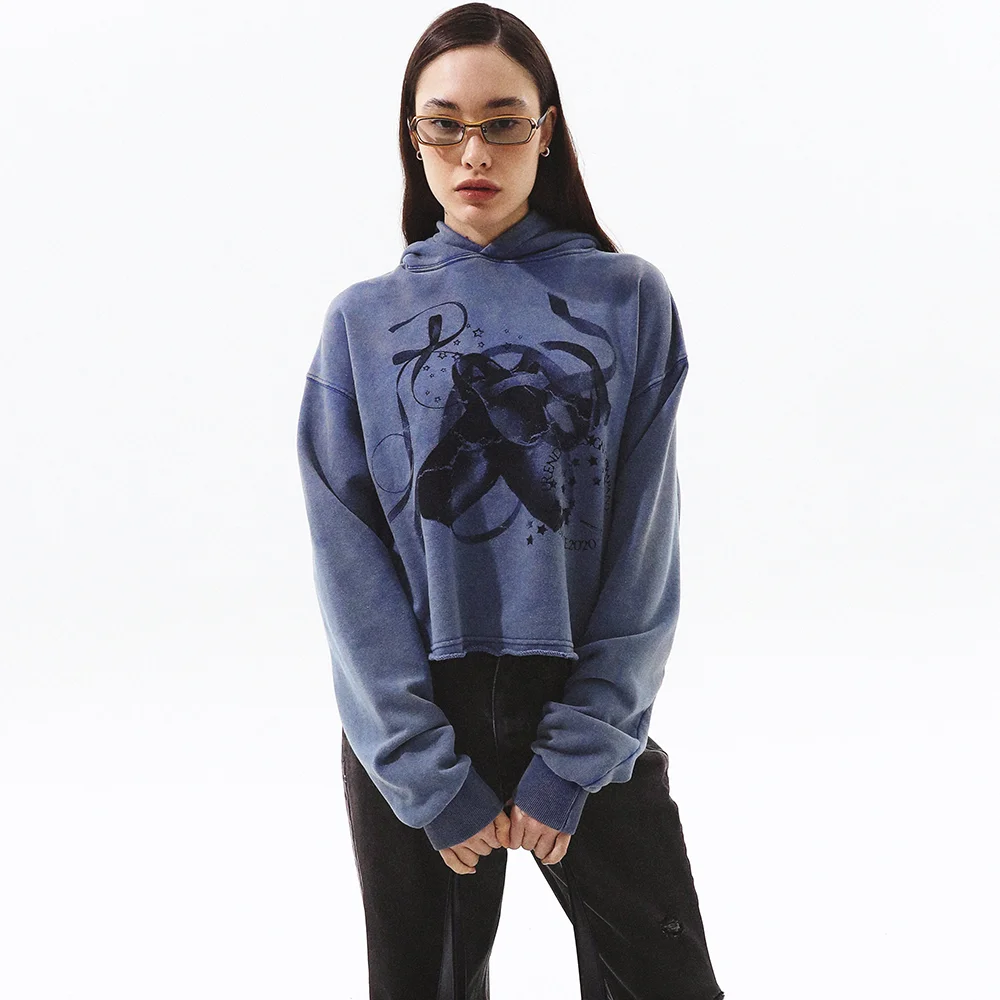 BALLET RIBBON ACID WASH CROP HOODIE BLUE