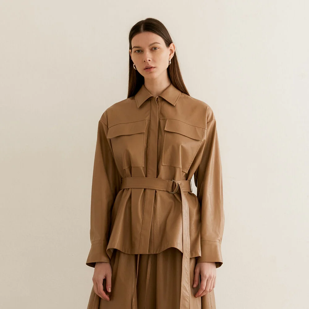 OVERSZIE ARTIFICIAL LEATHER SHIRT - BEIGE