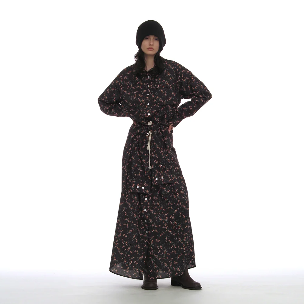 SLEEVE-TIE SHIRT MAXI DRESS_BLACK FLORAL