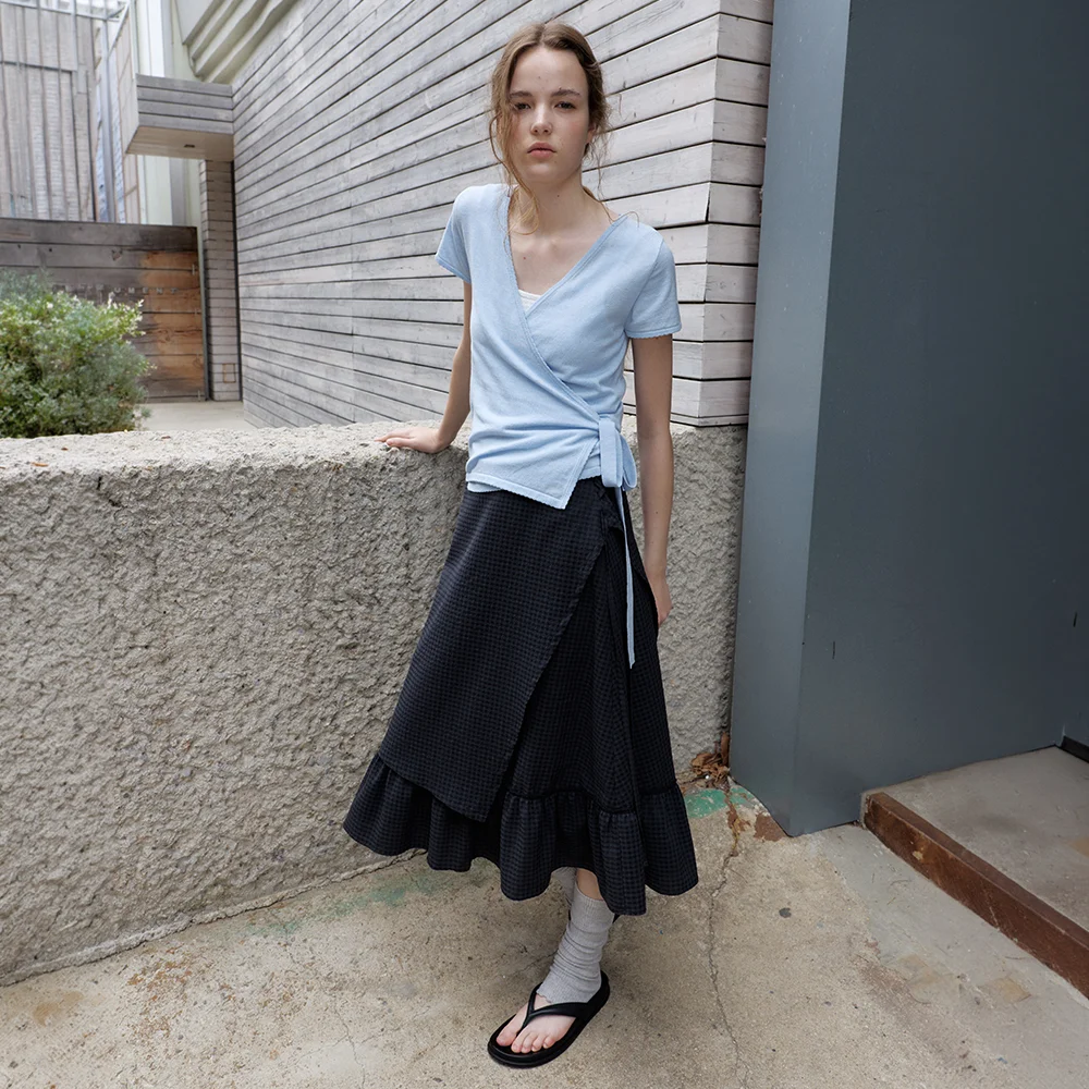 wrap knit top - sky