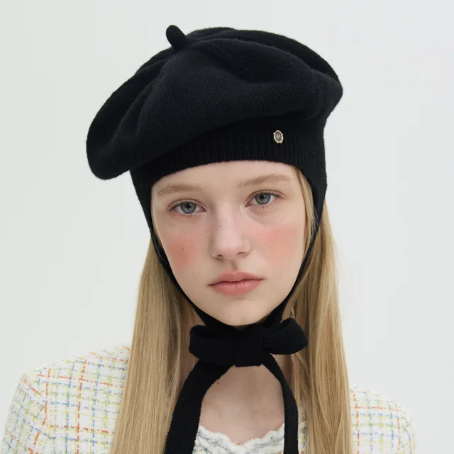 Tricot Ribbon Beret - Black