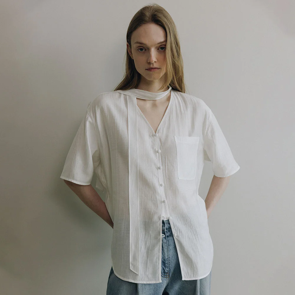 Soft Scarf Neck Sheer Shirt SW6MB791_2color
